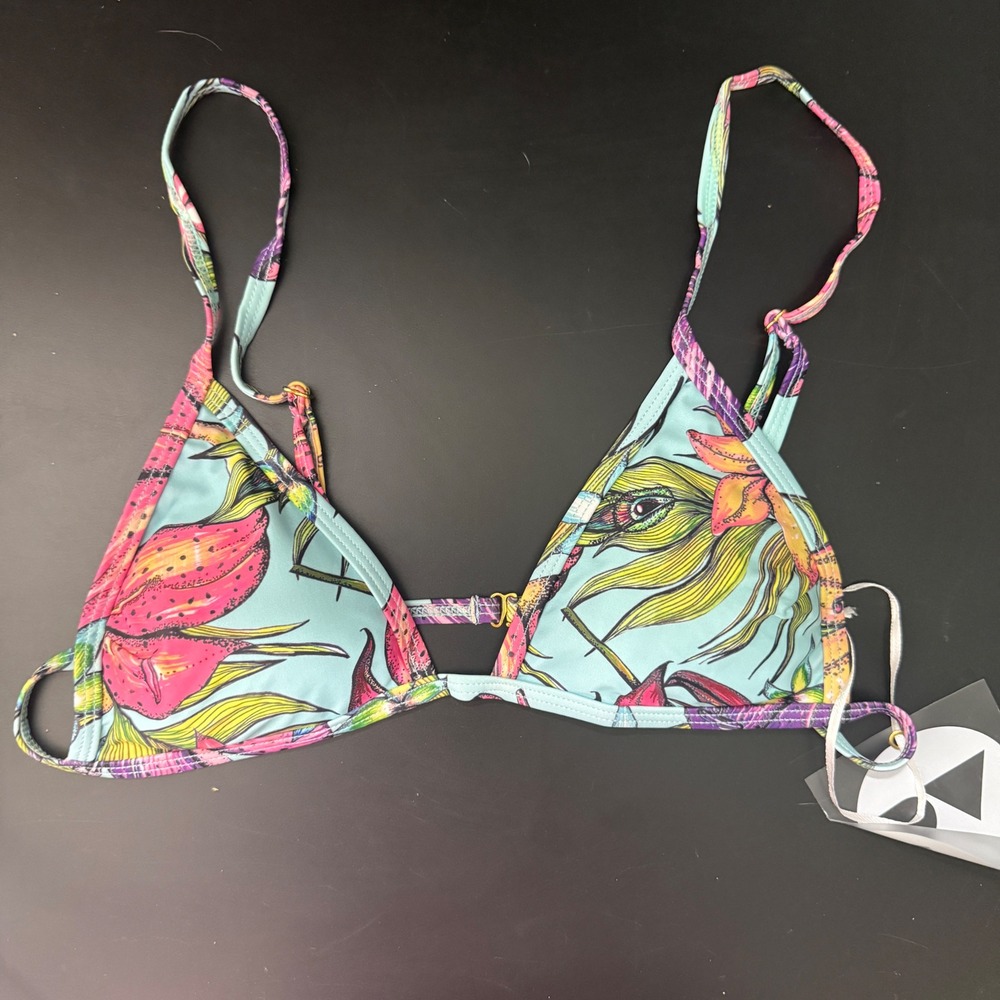 Perfect Vacation Floral Bikini Top XS Blue Multi Color Tropical Triangle Swim